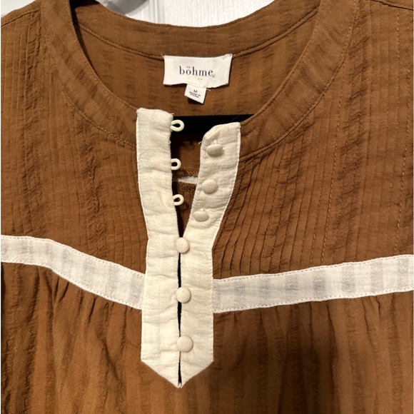 Bohme M Button Neck Pintuck Brown Cream Cotton Flutter Sleeve Boho Blouse - Picture 2 of 5